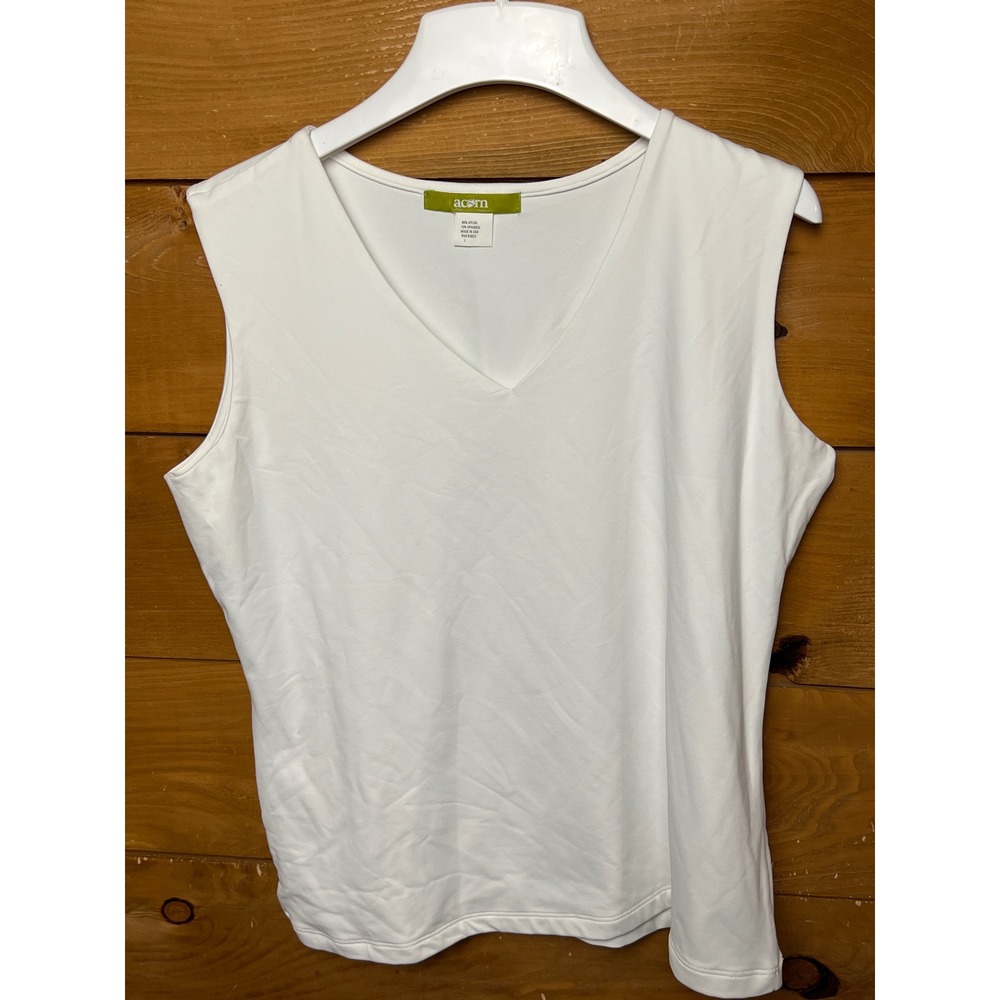 Acorn Women's White V-Neck Sleeveless Top L Nylon‎ Spandex Sheer Thick Layering